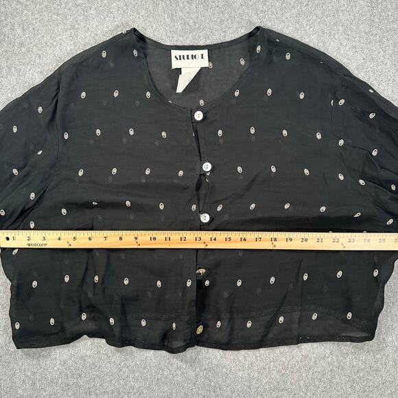 Studio I Vintage Sheer Cropped Blouse Womens 24W Black Dotted Long Sleeve Button - Picture 3 of 5